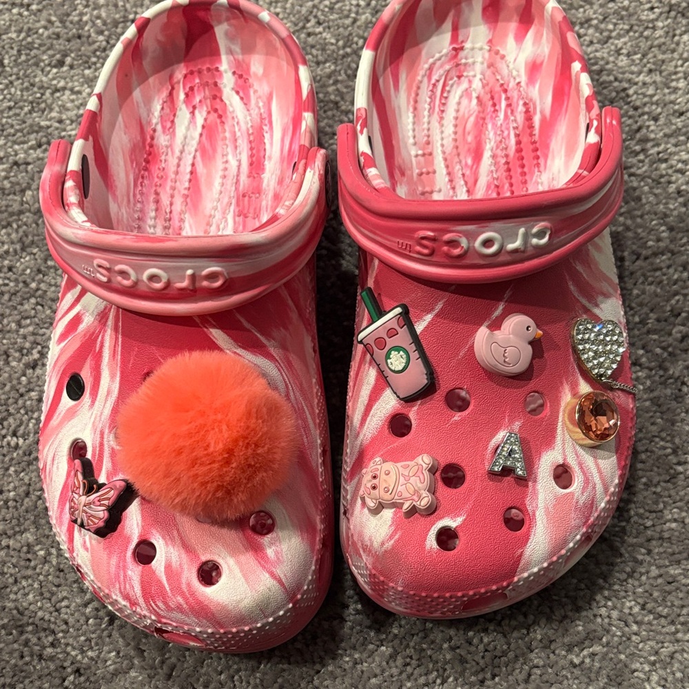 CROCS Pink and White Slippers with Fun Charms